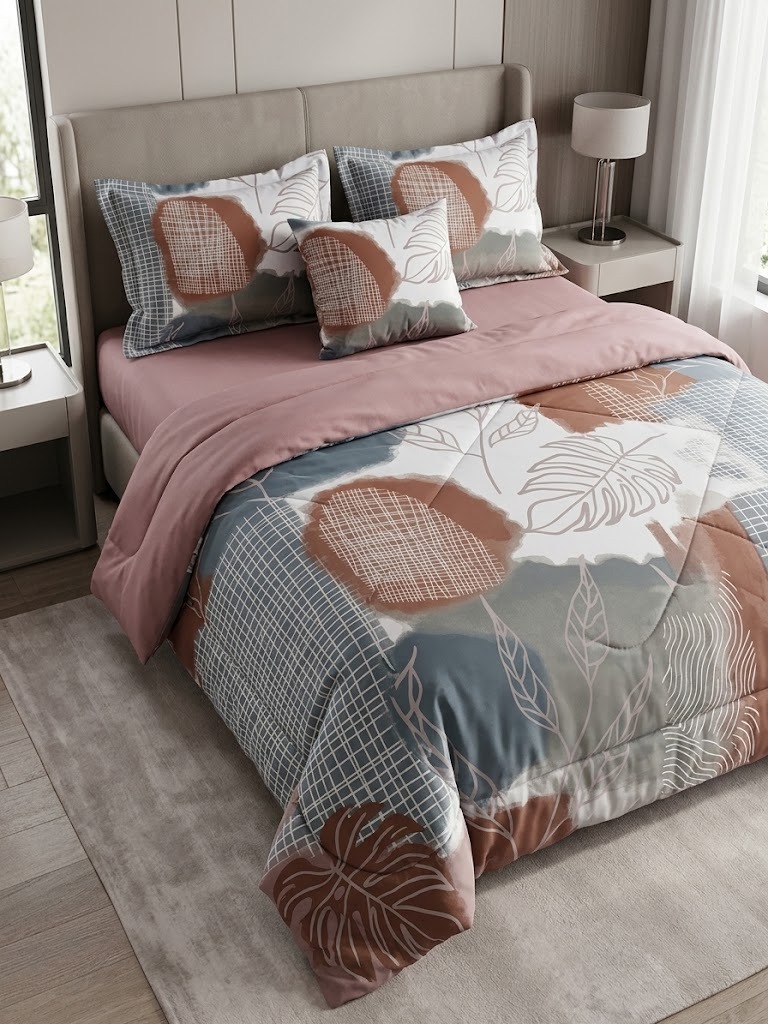 Printed Microfiber Face ||  Solied Microfiber Comforter  SET (5) PCs - Nefertity